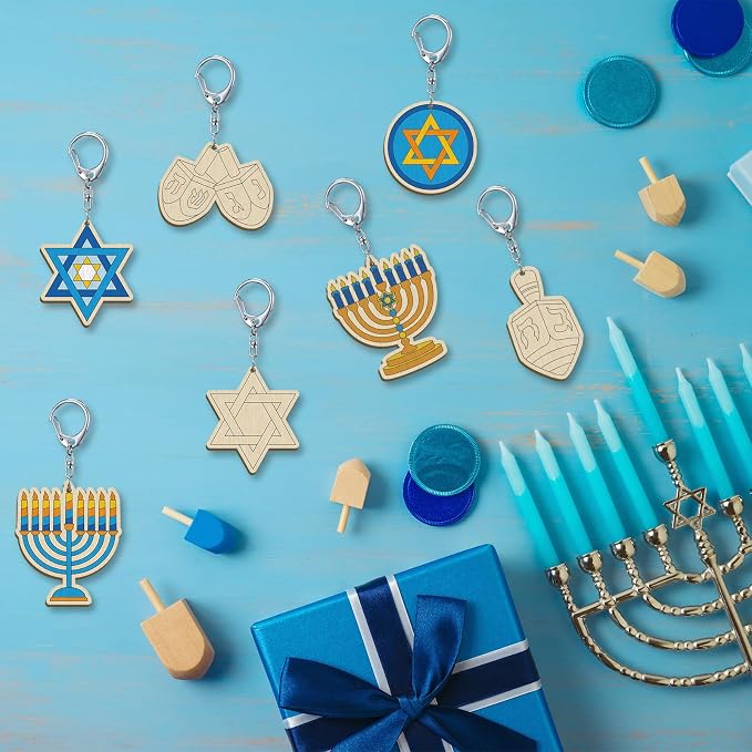 RattanView 24 Pcs Hanukkah Craft Color Your Own Keychains DIY Craft Wooden - Image 7