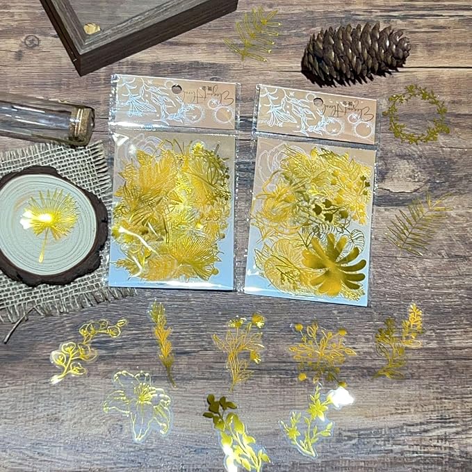 50PCS Boughs and Flowers Stickers Aesthetic PET Stickers Gold Stamp Decal - Image 5