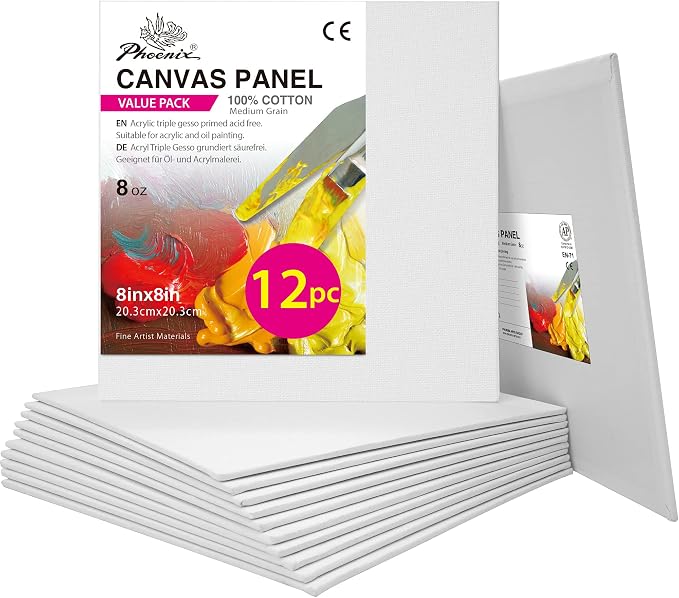 PHOENIX Painting Canvas Panels 8x8 Inch, 12 Value Pack - 8 Oz Triple Primed by PHOENIX