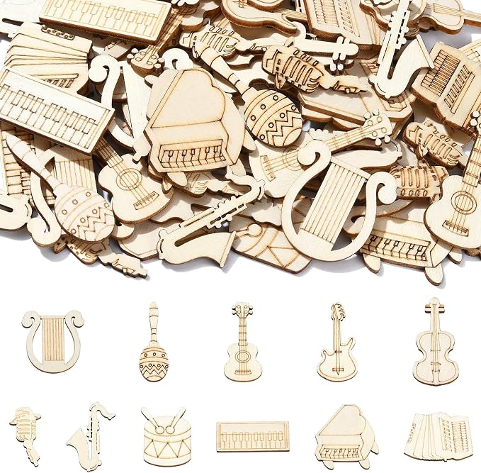200 pcs Mixed Styles Instrument Theme Unfinished Wood Cutout Charms Music by Gythara