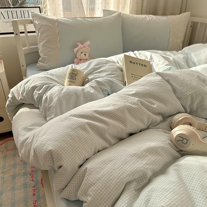 MKXI Blue Gingham Duvet Cover Set Queen Size by MKXI
