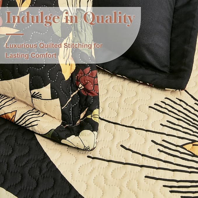 Tyrot 2 Piece Black Boho Floral Twin Size Quilt Sets Farmhouse Botanical - Image 4