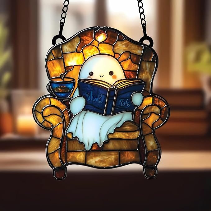 Cute Cozy Ghost Reading Acrylic Suncatcher by Unknown