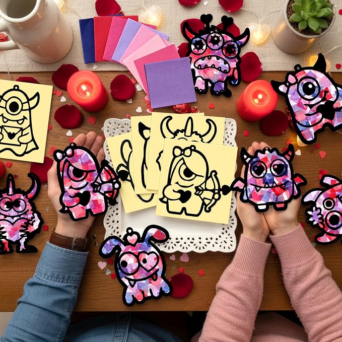 Eersida 32 Sets Valentine's Day Monster Suncatcher Craft Kit, DIY Stained Glass - Image 7