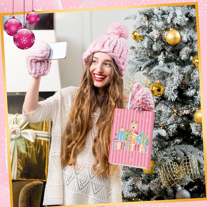 Kolldenn 24 Pcs Pastel Christmas Party Favors Bags Pink Christmas Goodie Gift - Image 4