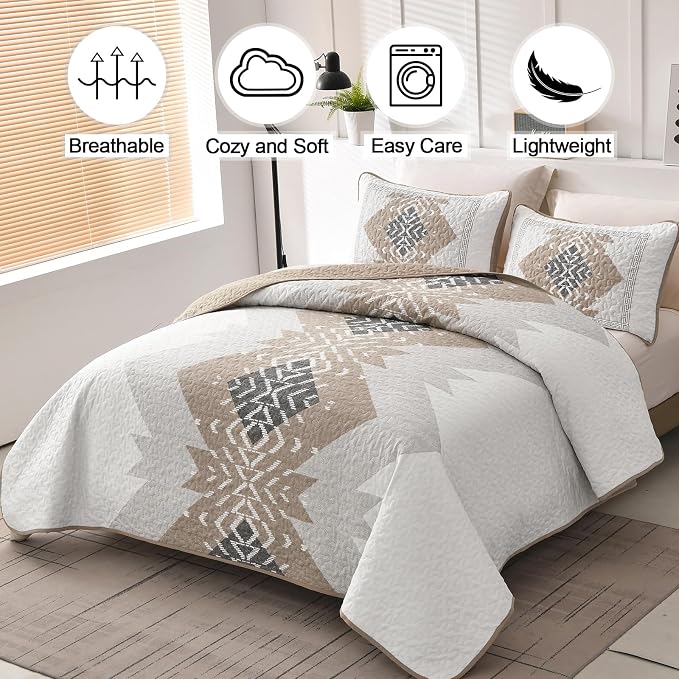 Dintszyayue Brown Boho Quilt Set King, 3 Pieces Aztec Texture Quilt - Image 2
