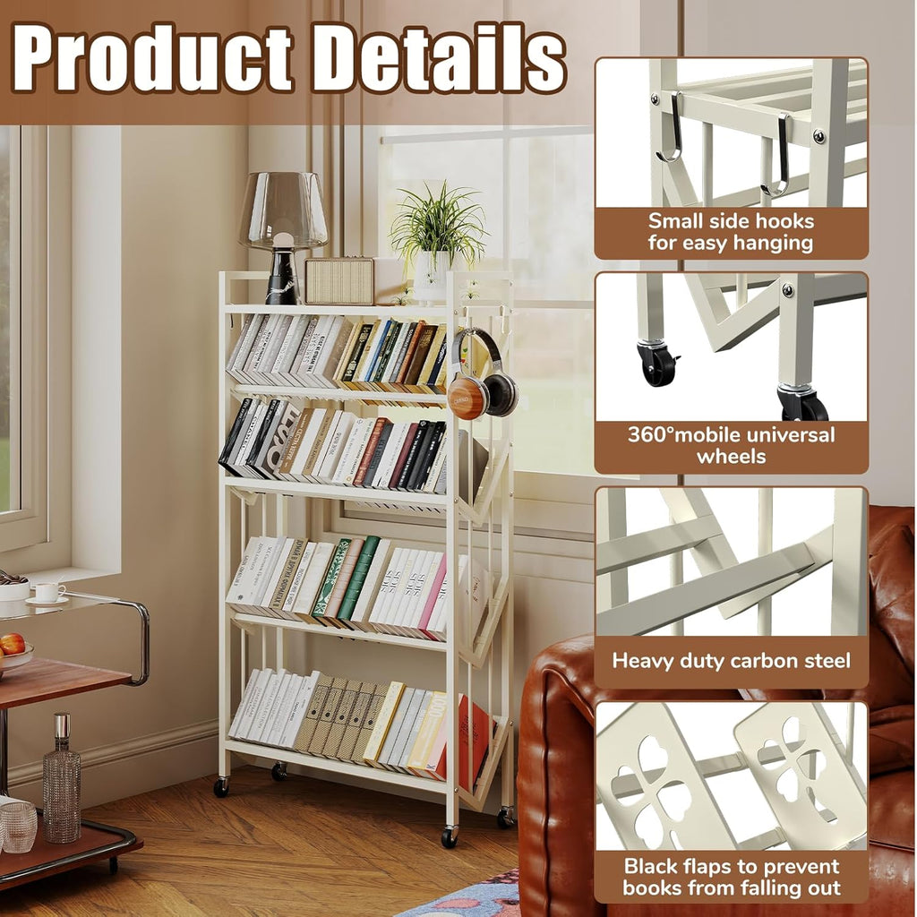 Book Carts 5 Tier 57.7x35.4x9.84 in Rolling Book Cart Large Capacity Bookshelf Storage Rack Mobile Book Storage with Wheels Cart for Home Office Living Room Classroom (5 Tier White)