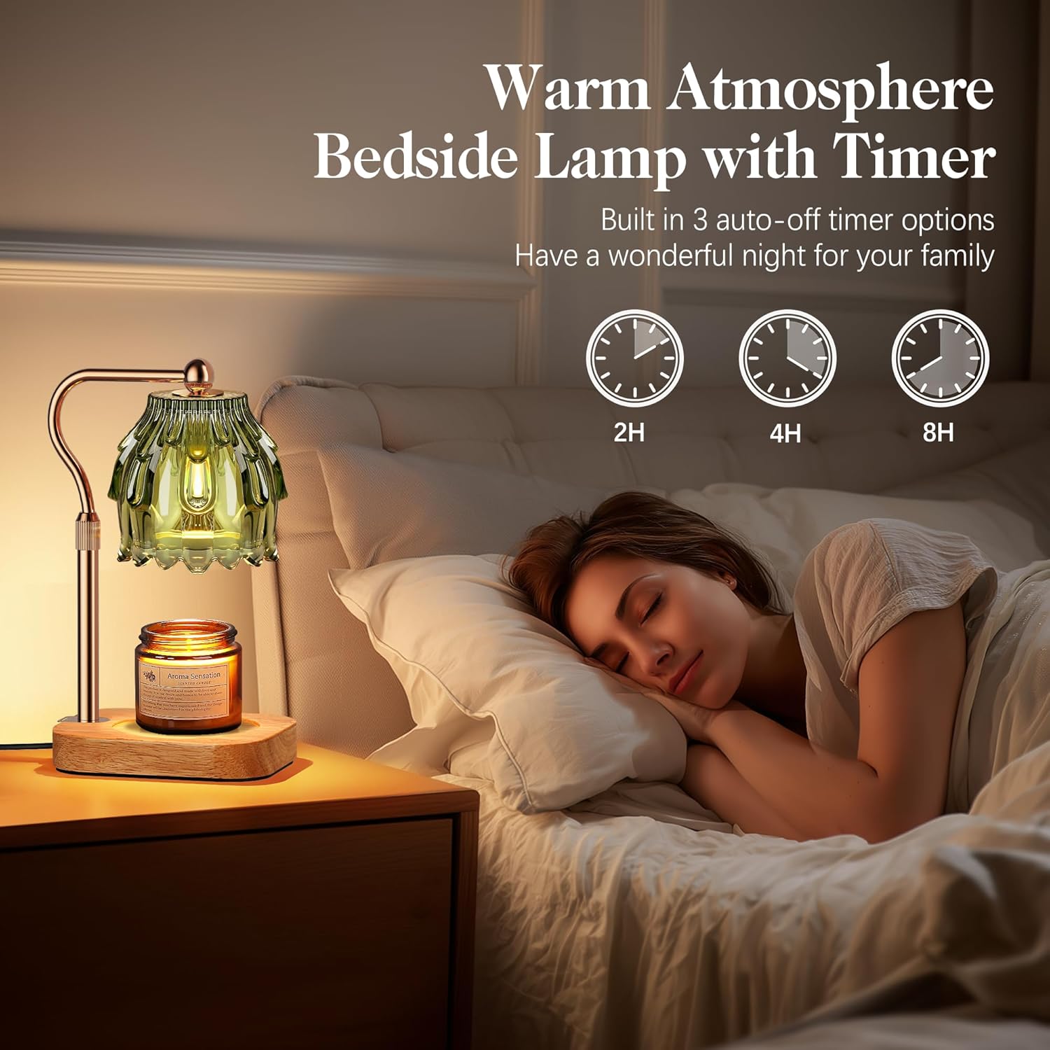 Candle Warmer Lamp with Timer Dimmer, Modern Wax Warmer for Scented Wax Jar Candle Warmer with 2 Bulbs, Adjustable Height Glass Lamp for Gifts for Women, House Warming Gifts, Home Decor, Gold Green