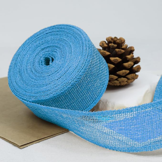 Light Blue Burlap Ribbon 1-1/2 inch X 10 Yard Blue Wired Ribbon | Natural Linen - Image 3