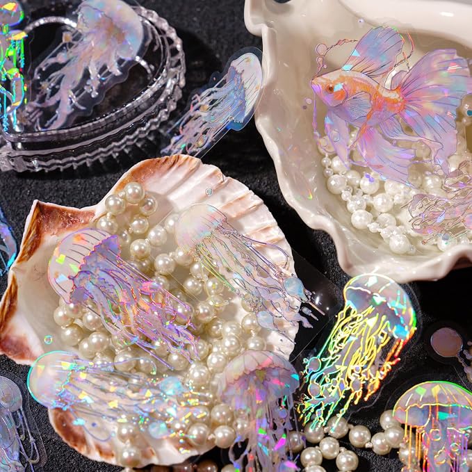 120 Pcs Holographic Glitter Jellyfish Ocean Life Stickers - Image 6