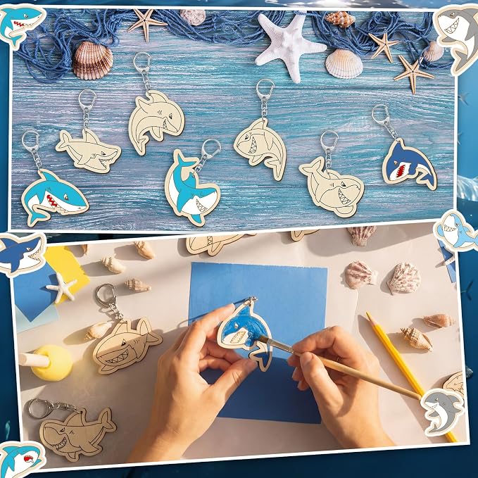 RattanView 24 Pcs Summer Shark Crafts Color Your Own Keychains DIY Craft Wooden - Image 5