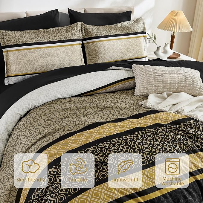 WONGS BEDDING Yellow Black King Comforter Set 7 Pieces, Boho Striped Bed in a - Image 4