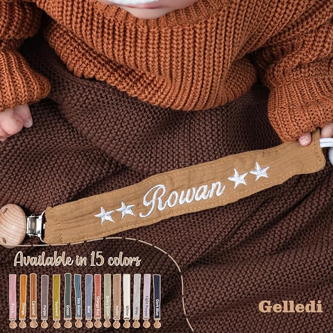 Personalized Bohemian Pacifier Clip Embroidered with Name is The Perfect Newborn Gift Made from eco-Friendly Bamboo! (Caramel)