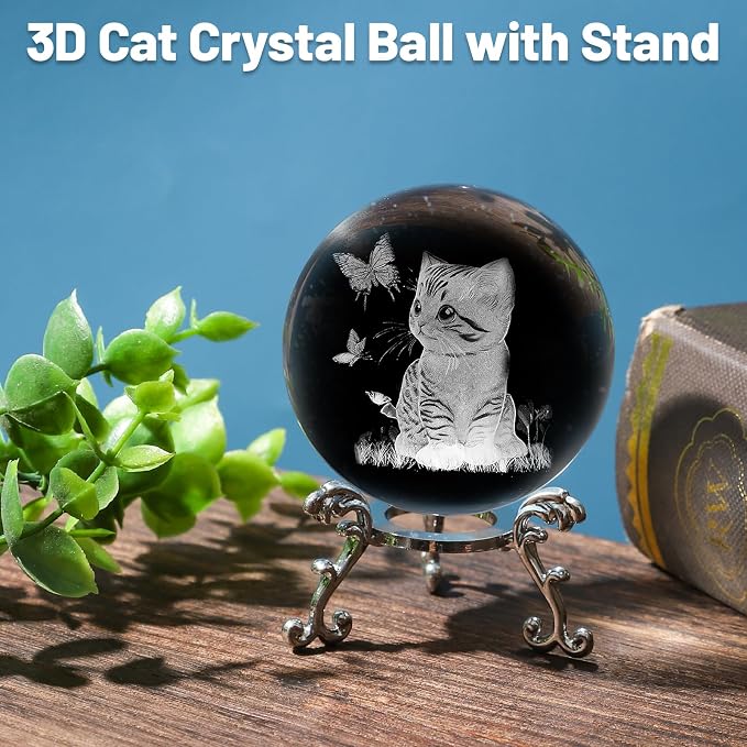 3D Cat Crystal Ball with Stand Lase Engraved Glass Sphere Paperweight Cat Decor - Image 3