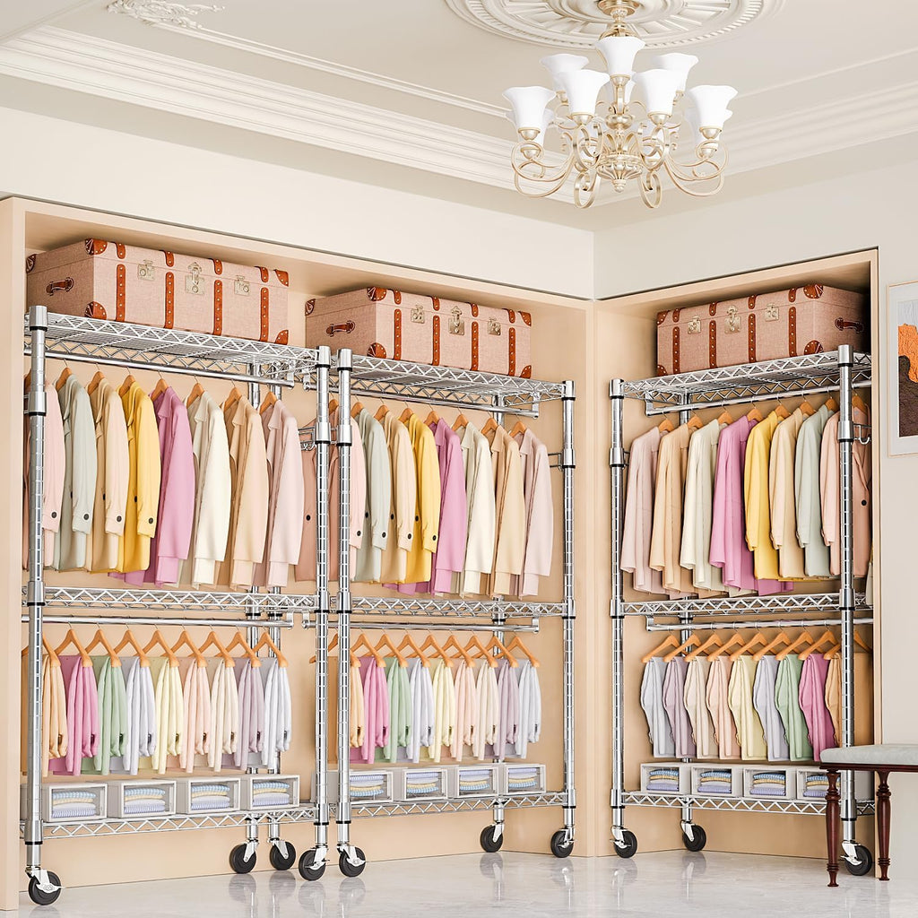 Heavy Duty Rolling Garment Rack 3 Tiers Adjustable Wire Shelving Clothes Rack with 2 Rods and Side Hooks, Storage Closet Clothing Rack with Wheels Chrome 17.7" D x 47.2" W x 83.6" H