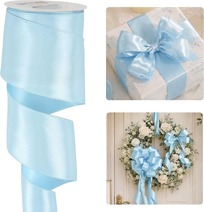 HUIHUANG Blue Satin Wired Ribbon 2.5 inch Baby Blue Wire Edge Ribbon by HUIHUANG