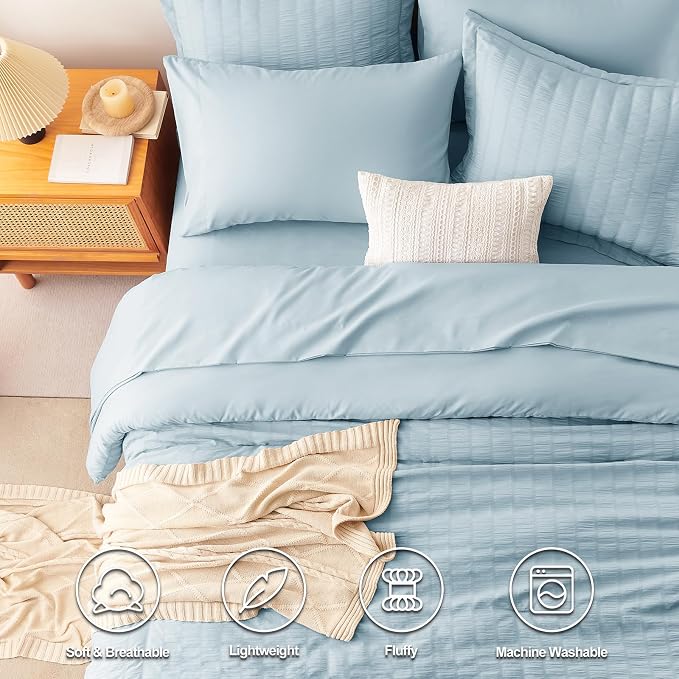 CozyLux Queen Comforter Set Light Blue Seersucker 7 Pieces Bed in a Bag Queen - Image 2