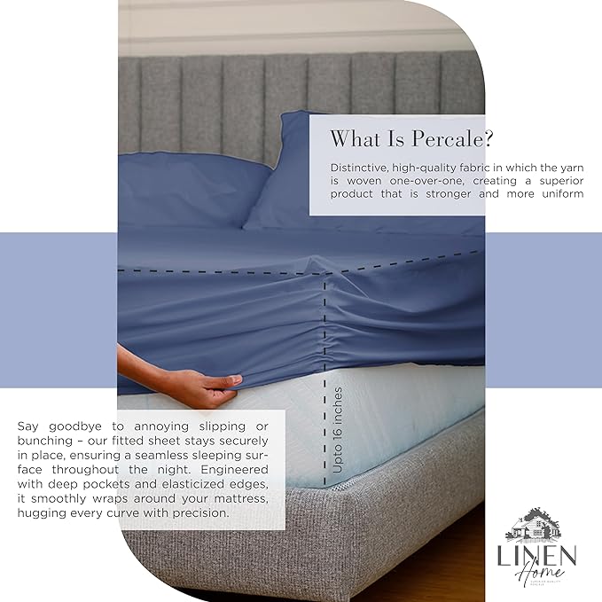Linen Home 100% Cotton Percale Sheets Queen Size, Dark Blue, Deep Pocket - Image 4