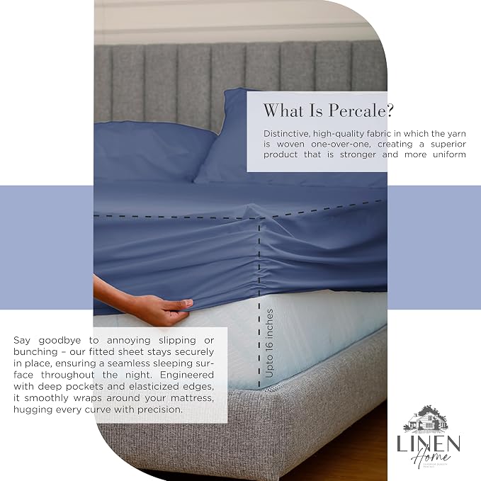Linen Home 100% Cotton Percale Sheets California King Size, Dark Blue, Deep - Image 4