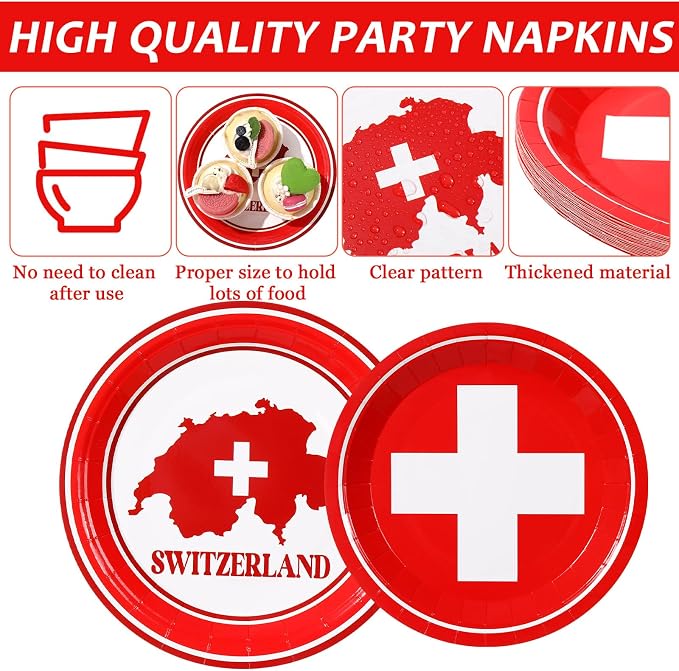 96pcs Switzerland Party Supplies Tableware Set Swiss Flag Party Paper Plates - Image 3