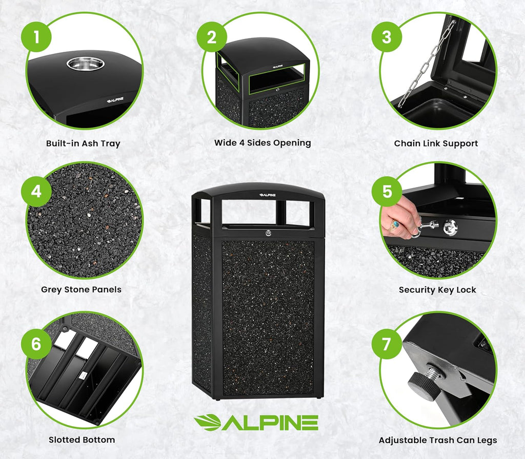 Alpine Outdoor Commercial Trash Can with Lid - 40 Gallon Heavy Duty Metal Garbage Can with Removable Bin, Locking Lid for a Modern Look in Park, Mall & High Traffic Areas-Grey Stone Panels (With Tray)