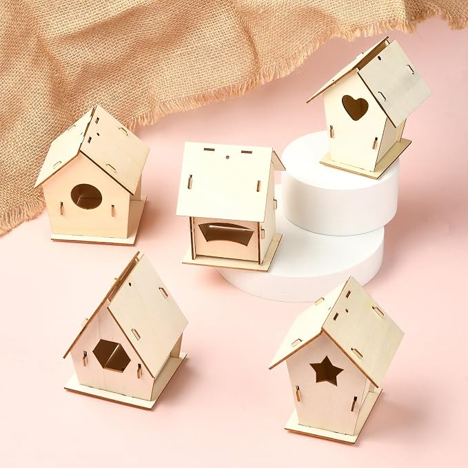 6 Sets 6 Styles Breeding Box Theme Unfinished Wood Bird House Hollow Star - Image 6