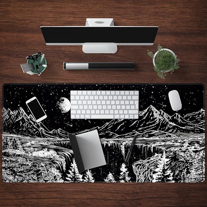Black and White Desk Mat Dark Nature Forest Mouse pad XXL Starry Night Mountain - Image 4