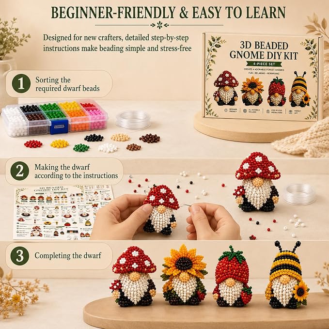 3D Beaded Gnome DIY Kit, Mini Beaded Gnome Craft Kit, Funny Handmade Gnome DIY - Image 3