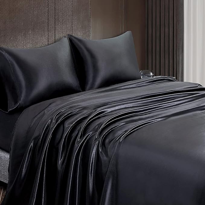 Homiest Black Satin King Flat Sheet, Silky Bedding Top Sheet - Image 6
