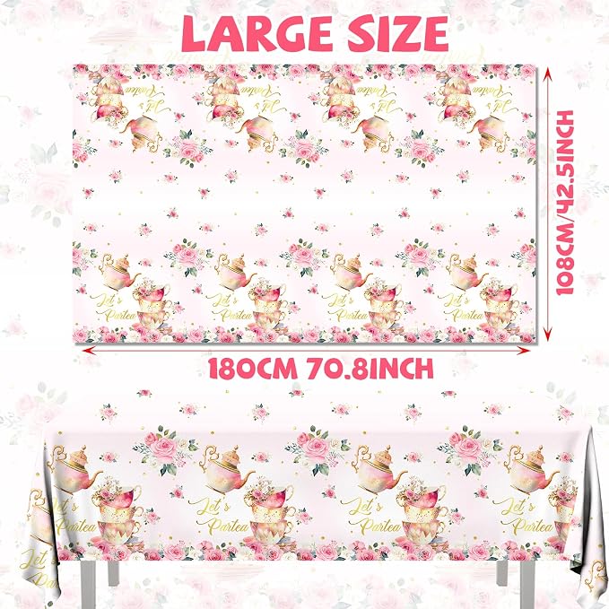 Pink Floral Tea Party Tablecloth, Girls Tea Party Birthday Supplies 3pcs Let's - Image 6