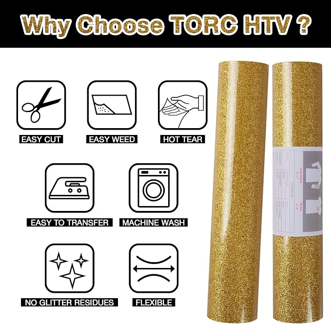 TORC Gold Glitter HTV Heat Transfer Vinyl Roll 12 inch x 20 ft Sparkly Iron on - Image 4