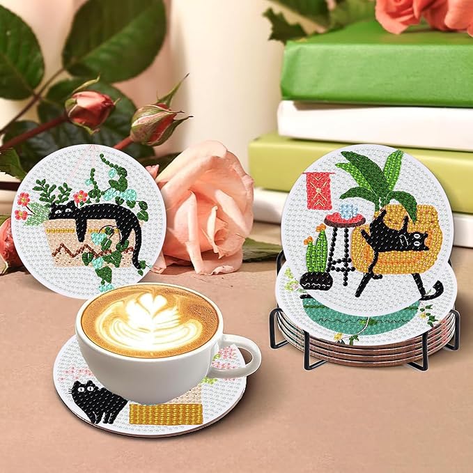 8 PCS Diamond Art Coasters Kits Black Cat Diamond Painting Coaster | Diamond - Image 6