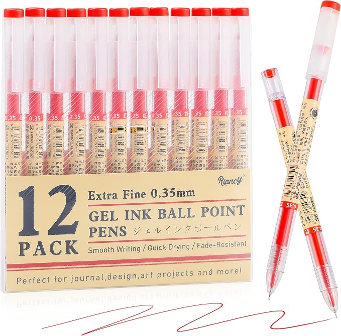 Japanese Style Red Gel Ink Pens, 0.35mm Extra Fine Point, No Smudge Quick Drying by RIANCY