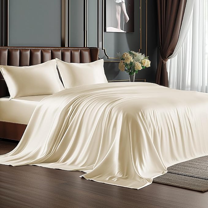 BEDELITE King Size Sheets Set, Luxury Soft Beige Satin Sheets by BEDELITE