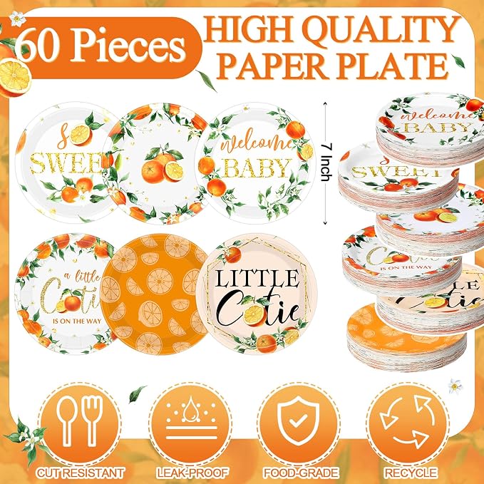 Funnymoom 60 Pcs 7 Inch Little Cutie Paper Plates Orange Baby Shower Plates - Image 2