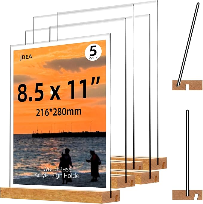 Acrylic Sign Holder with Wood Base 8.5x11 Inch Vertical and Slant Displays by JDEA