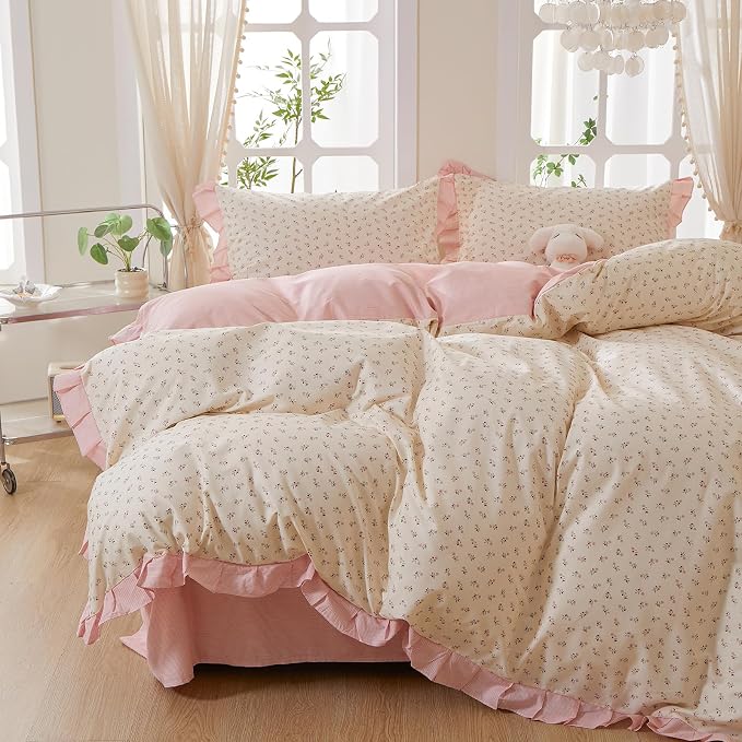 mixinni Pink Floral Duvet Cover Set Full Size – 100% Cotton Ruffle Lace Bedding - Image 3