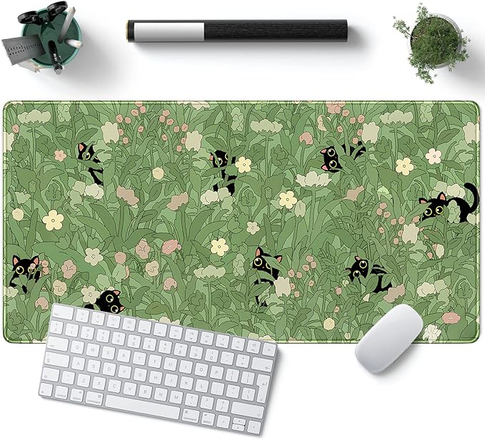 Green Desk Mat XL Cat Cute Plant Cool Desk Pad Keyboard Mat Kawaii Black Cat by YKJWW