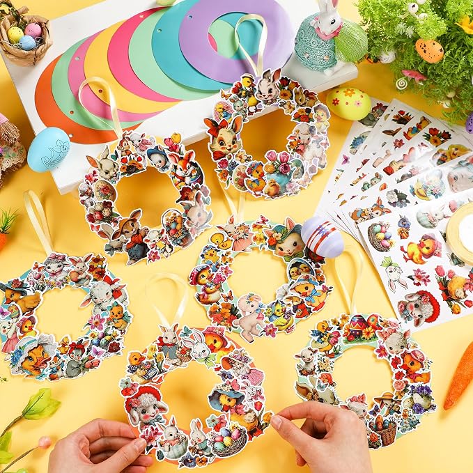 Hollowfly 48 Sets Vintage Wreath Craft Kits DIY Bunny & Chick Paper Crafts Make - Image 2