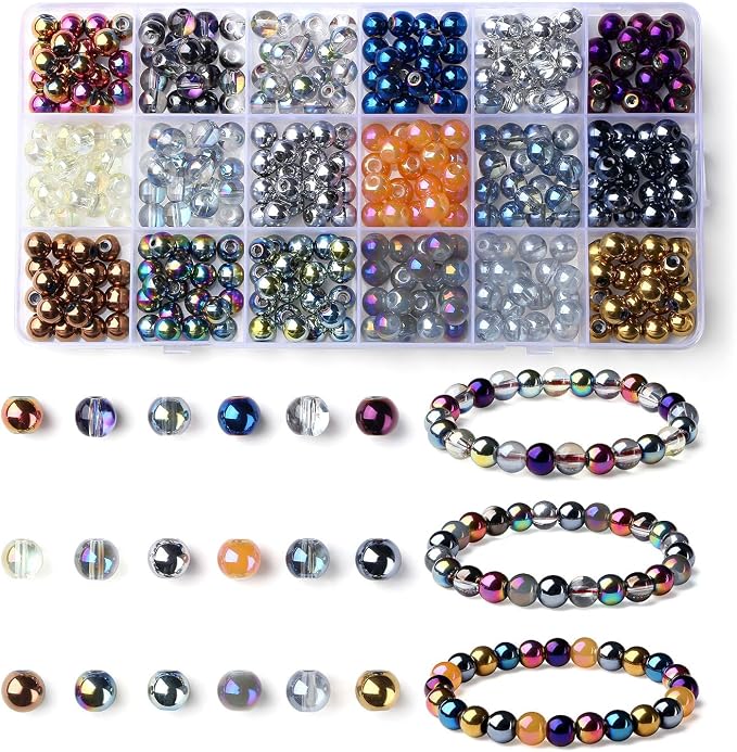 DUQGUHO 8mm Silver Beads for Jewelry Making, Electroplated Silver Glass Beads by DUQGUHO