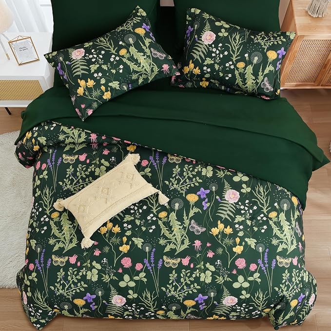 Yiran Floral Full Size Comforter Set, 7 Piece Dark Green Comforter Bedding Set - Image 3