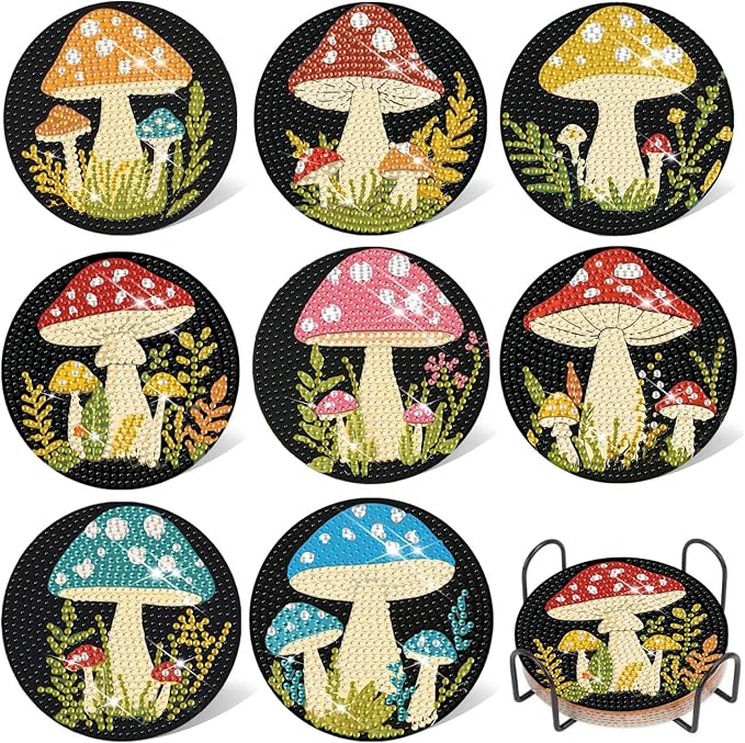 EWJRNSF 8 PCS Mushroom 5D Diamond Painting Coasters DIY Kit by EWJRNSFDiamondPainting