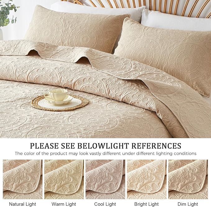 WURUIBO Beige Quilt Set Queen Size, Embossing Microfiber Full Bedspreads - Image 6