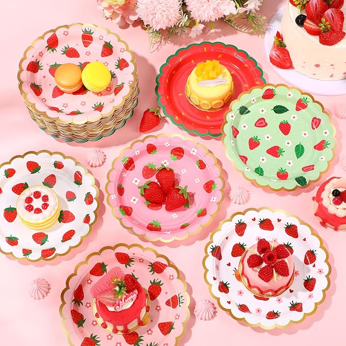 Funnymoom 60 Pcs Strawberry Party Plates Berry First Birthday Disposable Flower - Image 6