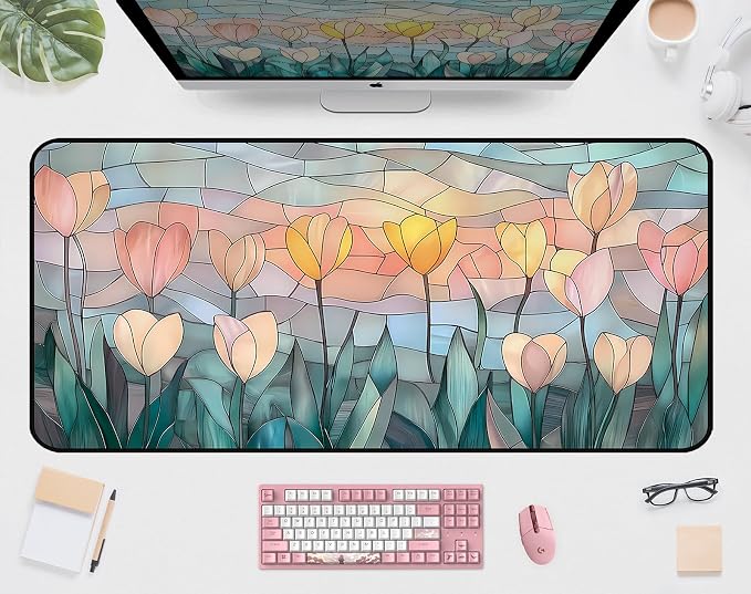 Faux Colorful Glass Desk Mat, Tulip Long Mouse Pad, Large Gaming Computer by Unknown