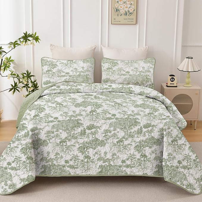WONGS BEDDING Botanical Quilt Set King, Sage Green 3 Pieces Toile Floral Plants - Image 2
