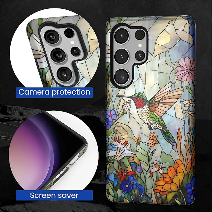 for Samsung Galaxy S25 Ultra Case, Hummingbird Wildflower Stained Glass Pattern - Image 6