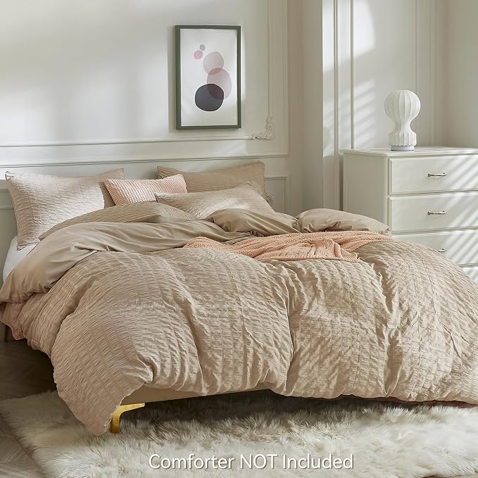 JELLYMONI Khaki Duvet Cover King Size, Soft Breathable Seersucker Duvet Cover - Image 3