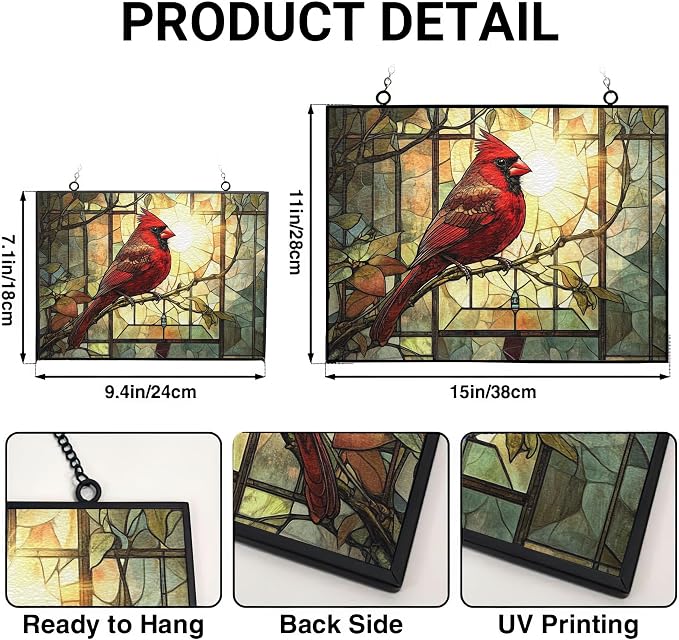 Rectangle Vintage Cardinal On Branch Stained Glass Window Hanging Customized - Image 3