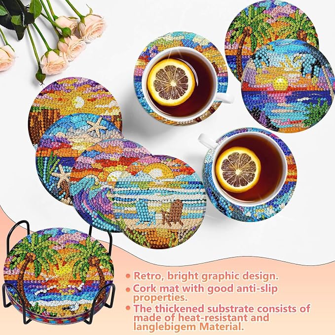 8 PCS Diamond Art Coasters Kits Sunset Beach Diamond Painting Coaster | Diamond - Image 5